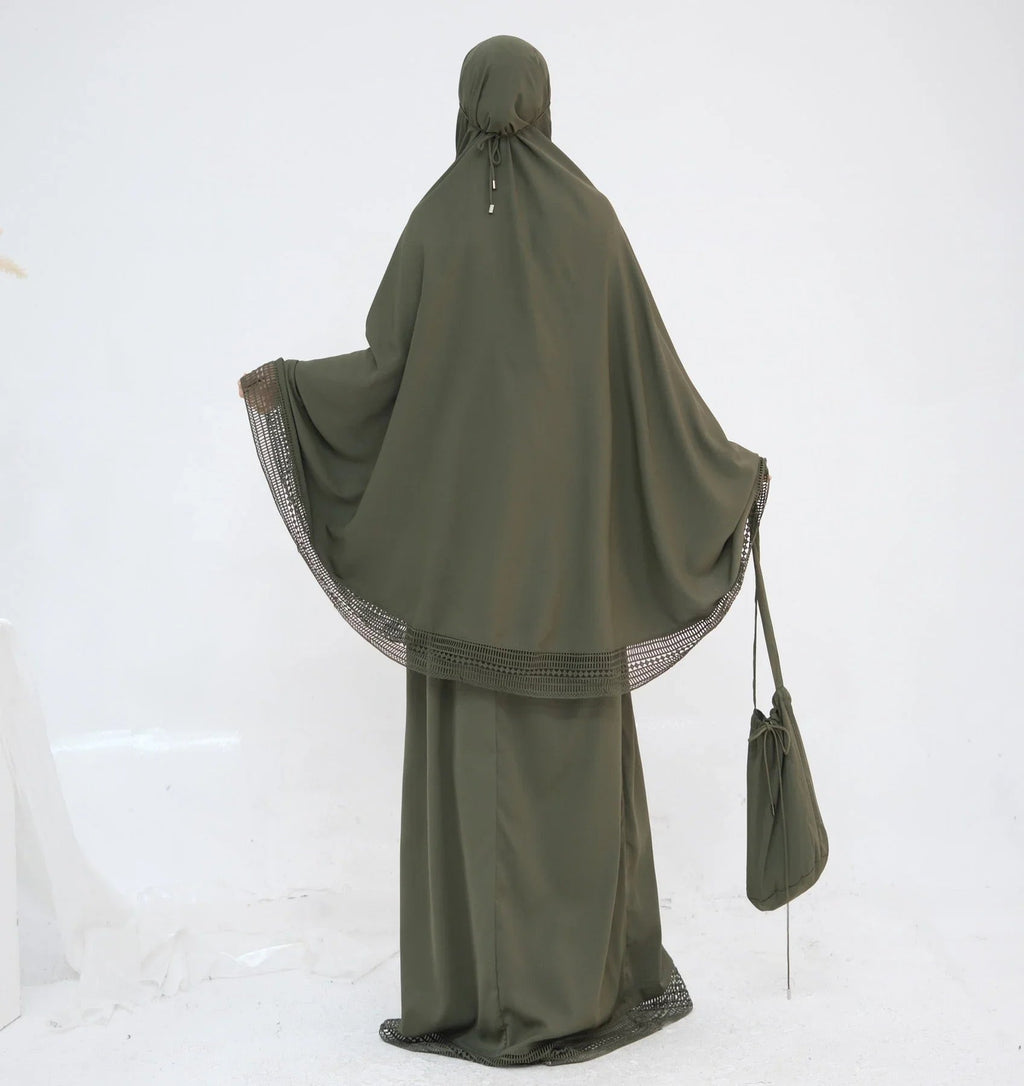 LM300 Ensemble Khimar de Prière – Tenue Modeste 4 Pièces avec Bordure en Dentelle