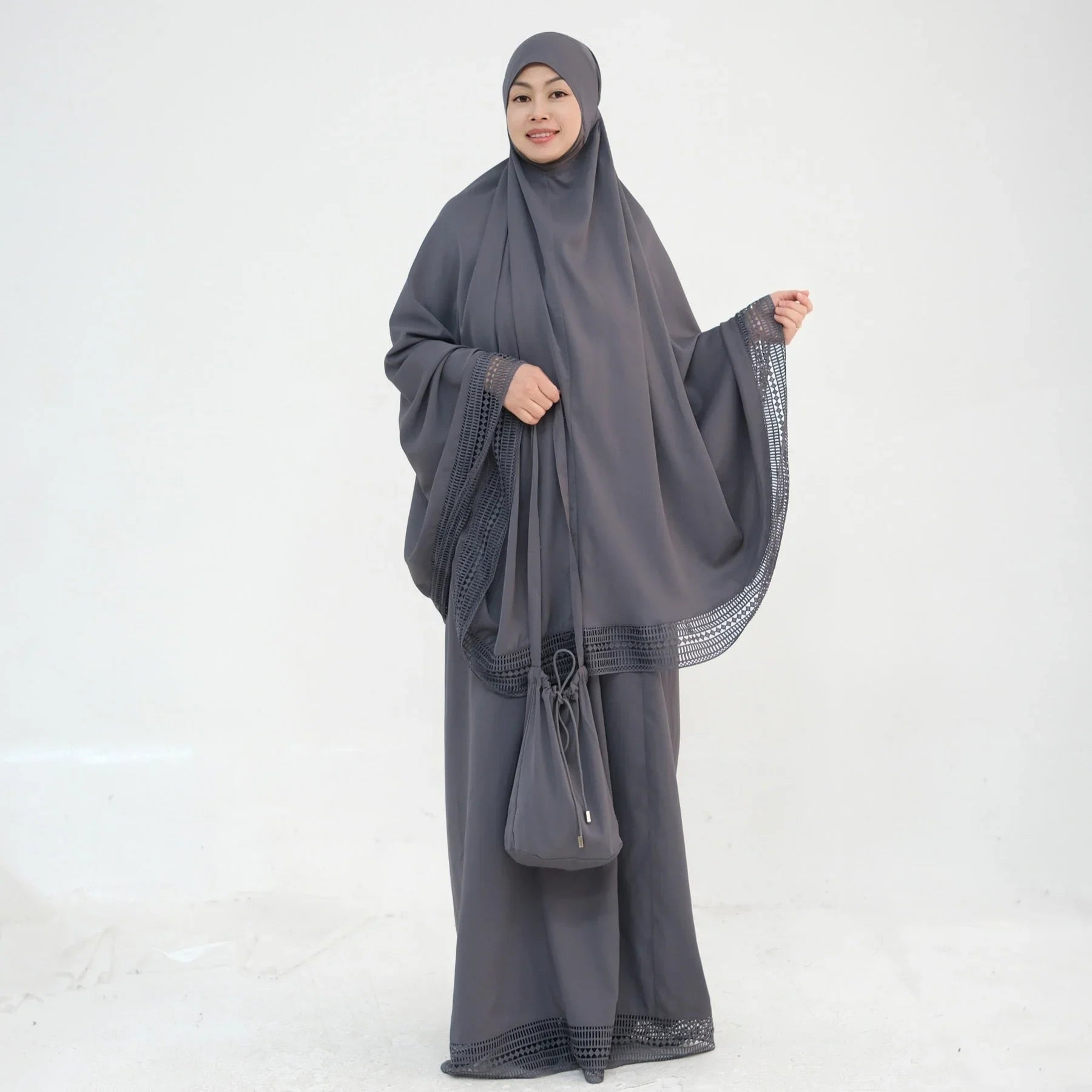 LM300 Ensemble Khimar de Prière – Tenue Modeste 4 Pièces avec Bordure en Dentelle