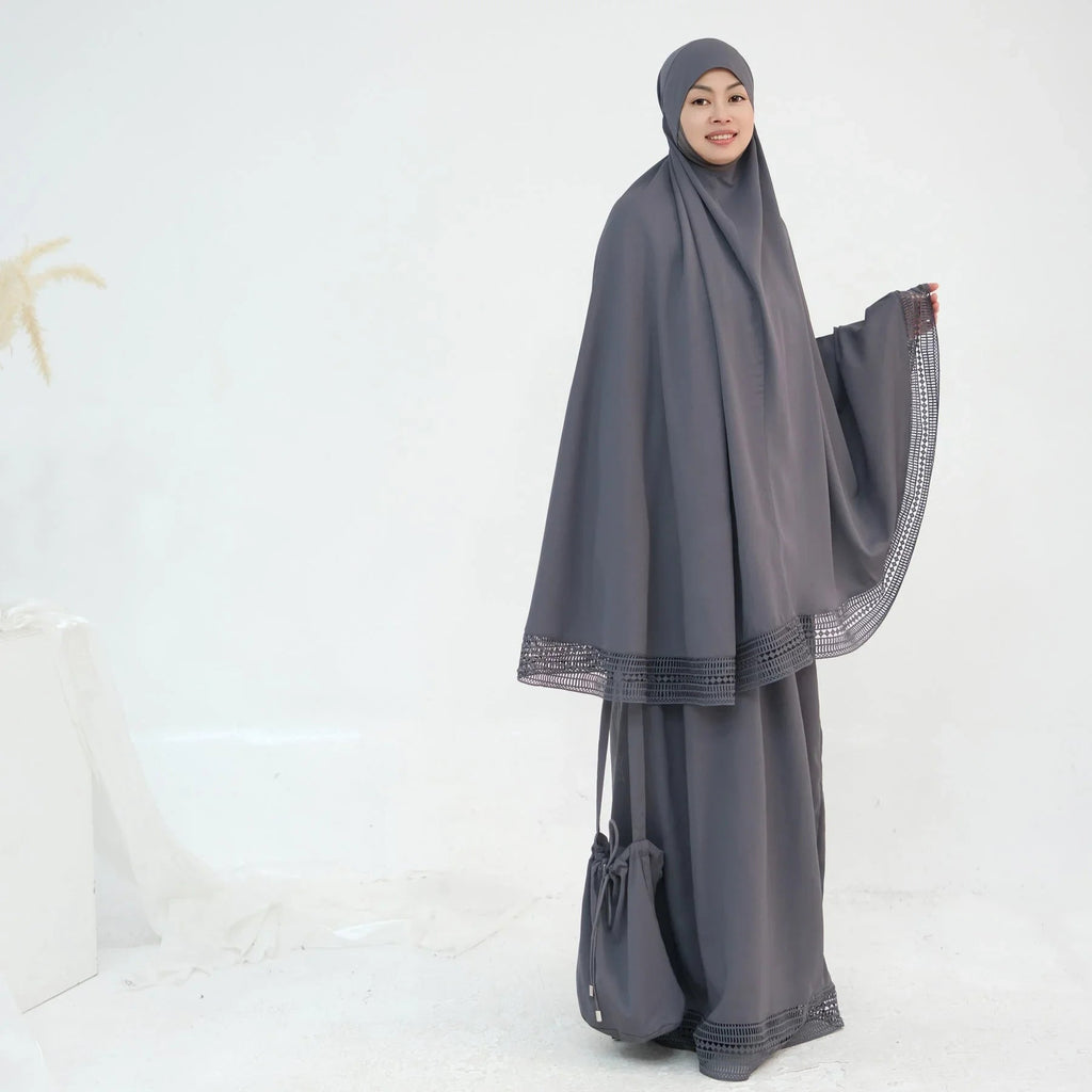 LM300 Ensemble Khimar de Prière – Tenue Modeste 4 Pièces avec Bordure en Dentelle