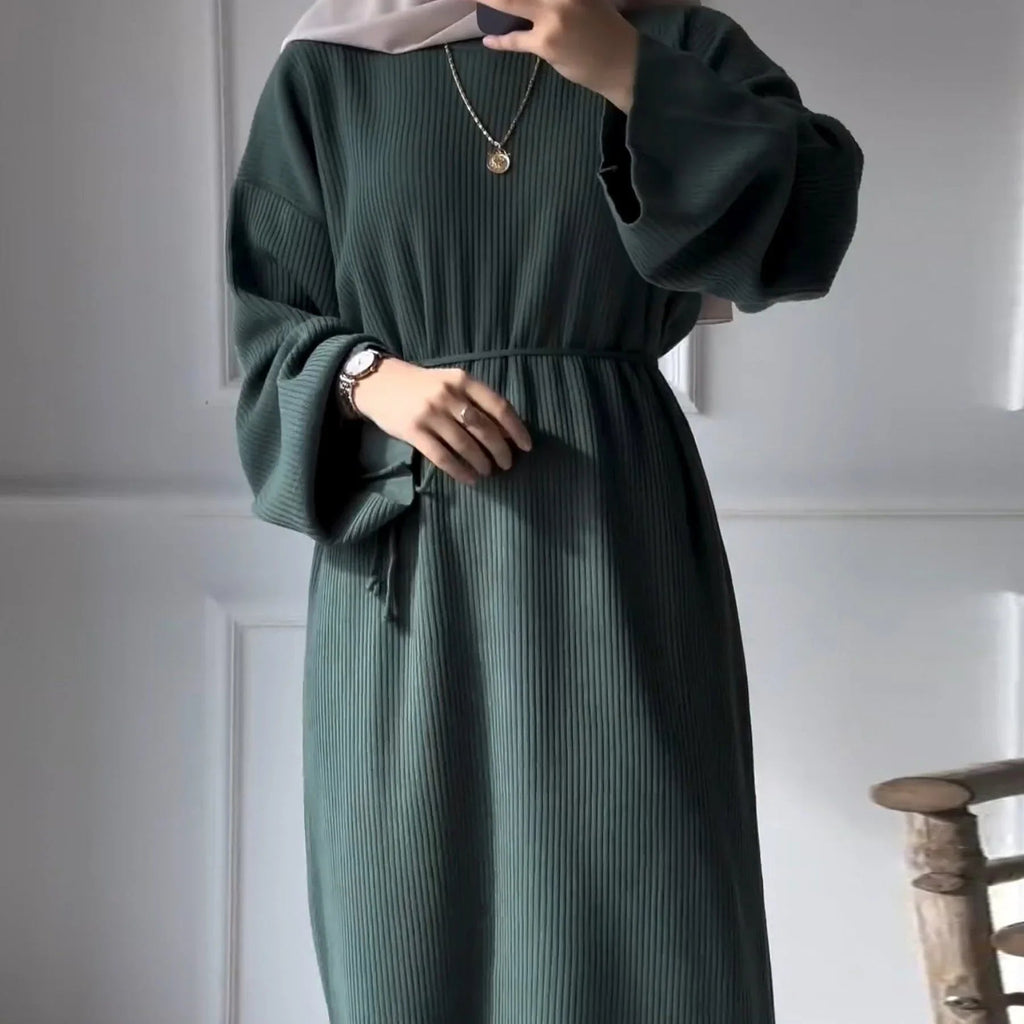 LM302 Abaya Hiver Nervurée avec Ceinture – Robe Modeste Manches Longues pour Femmes