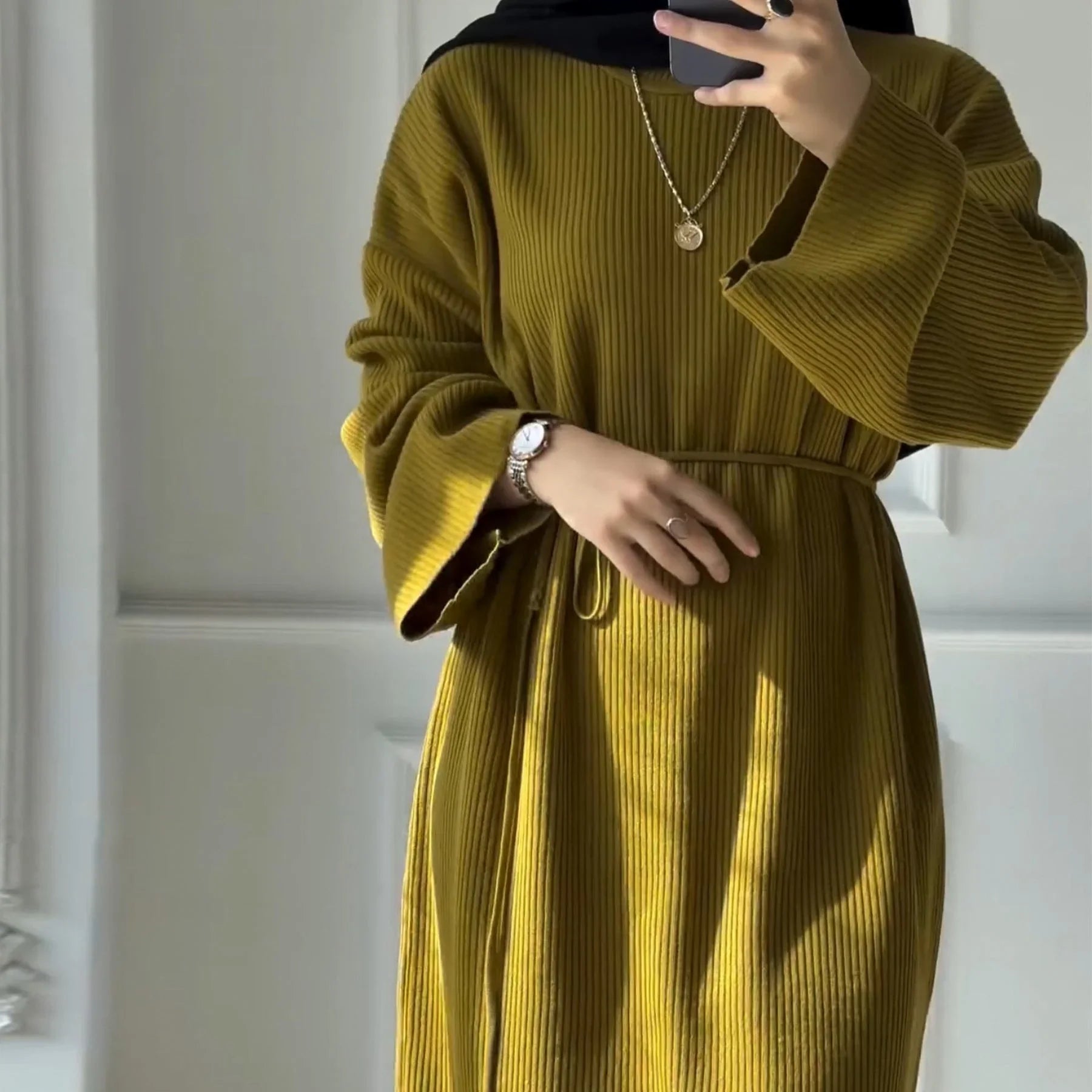 LM302 Abaya Hiver Nervurée avec Ceinture – Robe Modeste Manches Longues pour Femmes