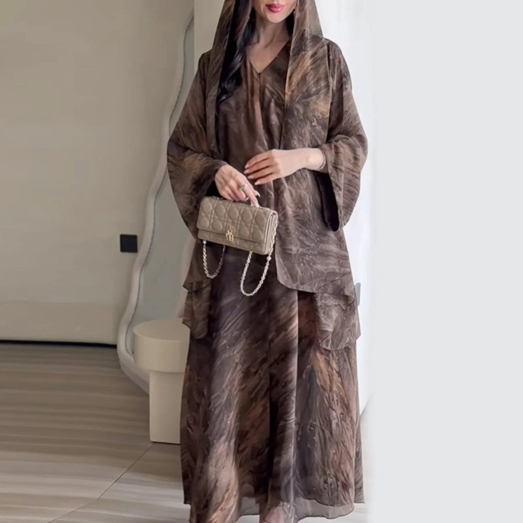 LM304 Ensemble Abaya Imprimée – Cardigan Ouvert 2 Pièces avec Hijab Assorti