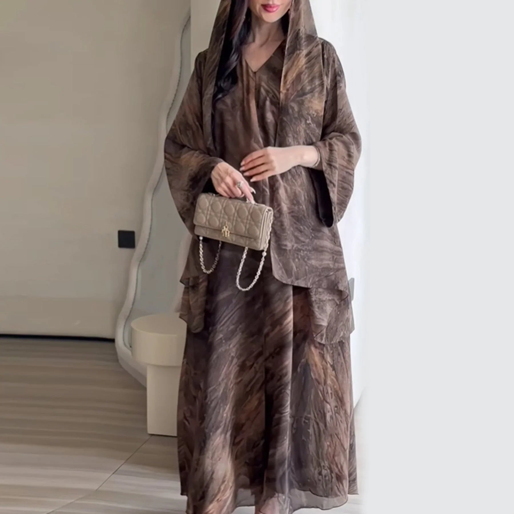LM304 Ensemble Abaya Imprimée – Cardigan Ouvert 2 Pièces avec Hijab Assorti
