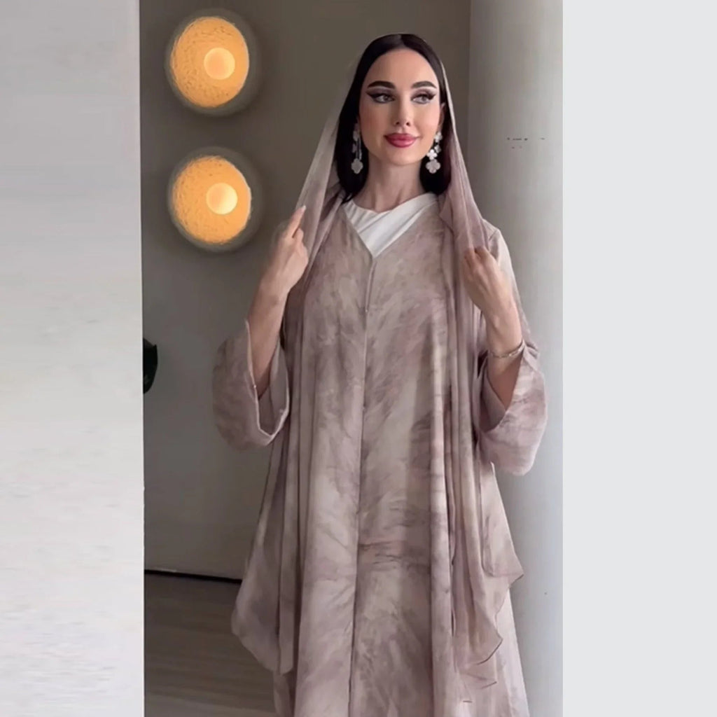 LM304 Ensemble Abaya Imprimée – Cardigan Ouvert 2 Pièces avec Hijab Assorti