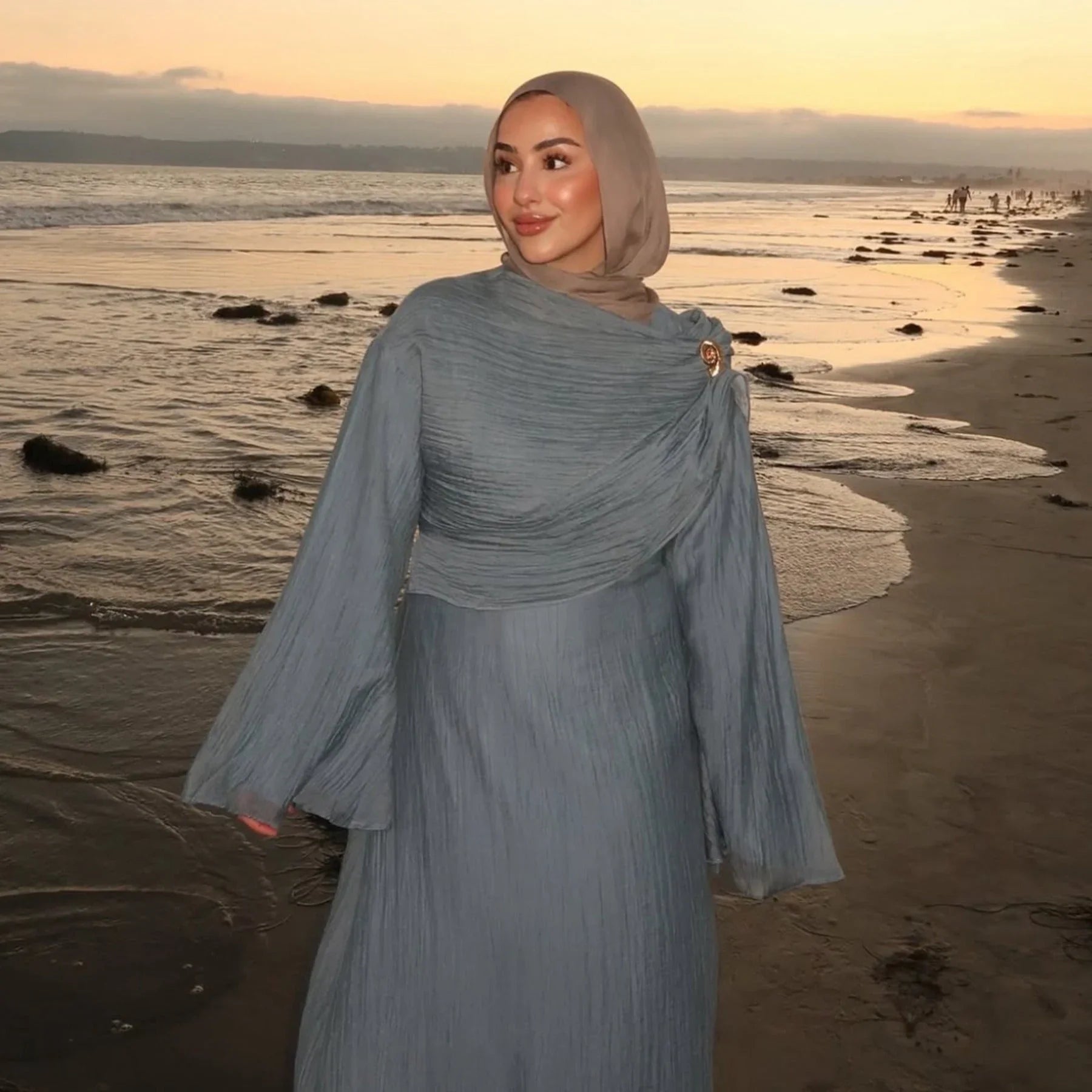 LM305 Robe Abaya Double Couche – Maxi Manches Longues Tricot Tencel Doux
