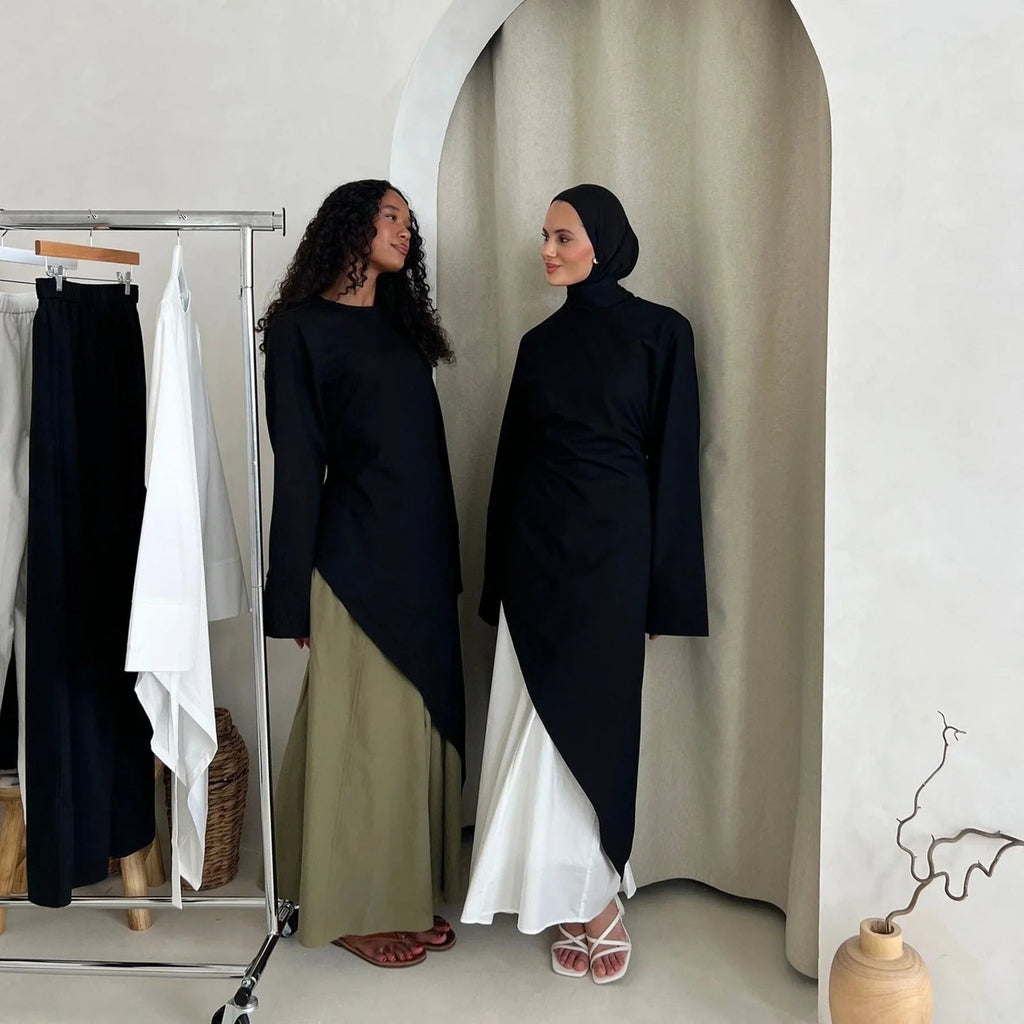 LM306 Ensemble Deux Pièces Coton Lin – Haut Asymétrique & Jupe Maxi Tenue Modeste