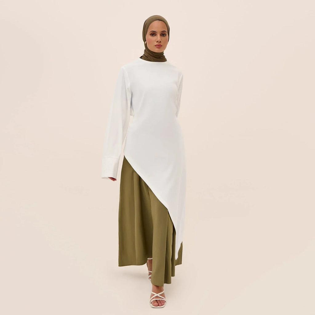 LM306 Ensemble Deux Pièces Coton Lin – Haut Asymétrique & Jupe Maxi Tenue Modeste