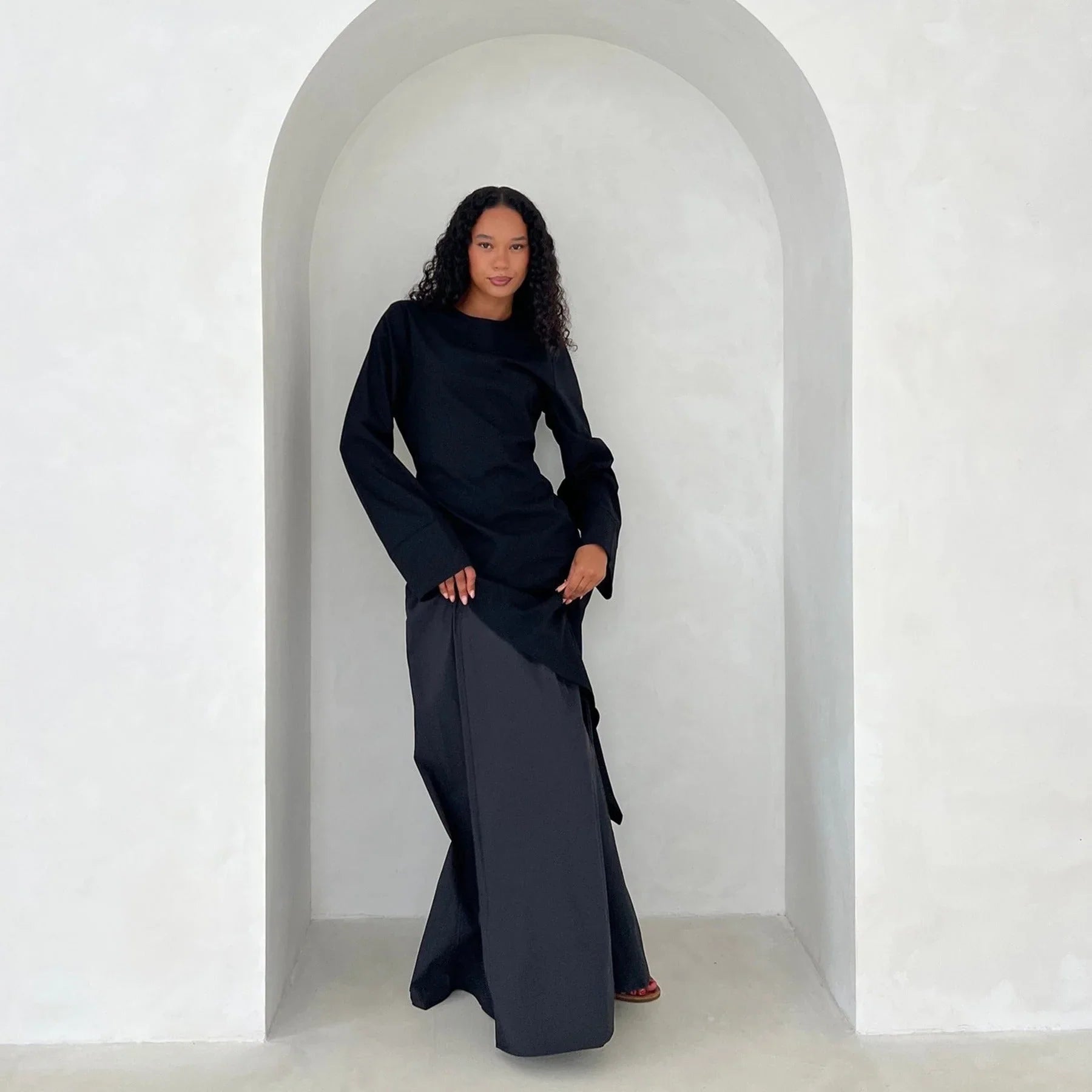 LM306 Ensemble Deux Pièces Coton Lin – Haut Asymétrique & Jupe Maxi Tenue Modeste