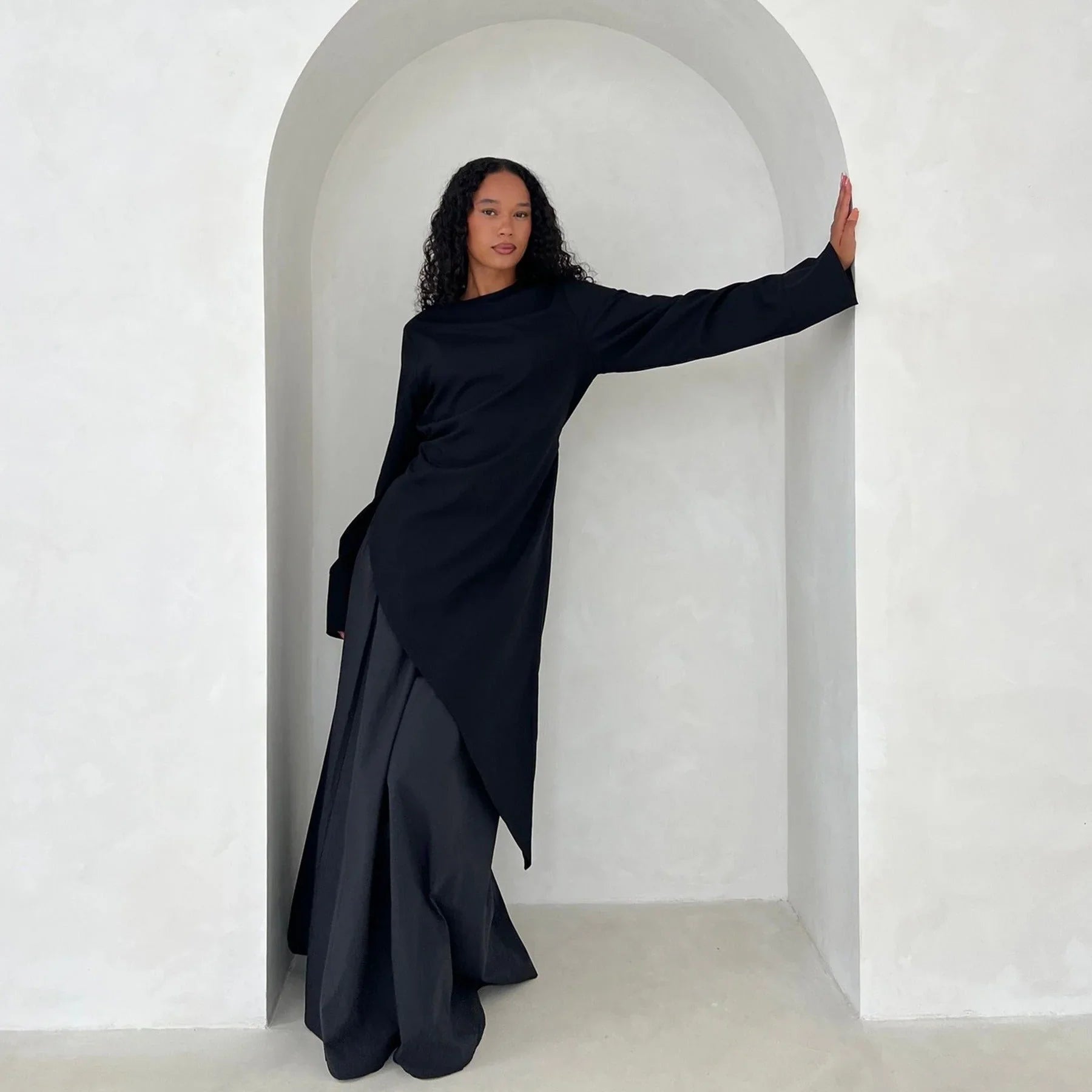 LM306 Ensemble Deux Pièces Coton Lin – Haut Asymétrique & Jupe Maxi Tenue Modeste