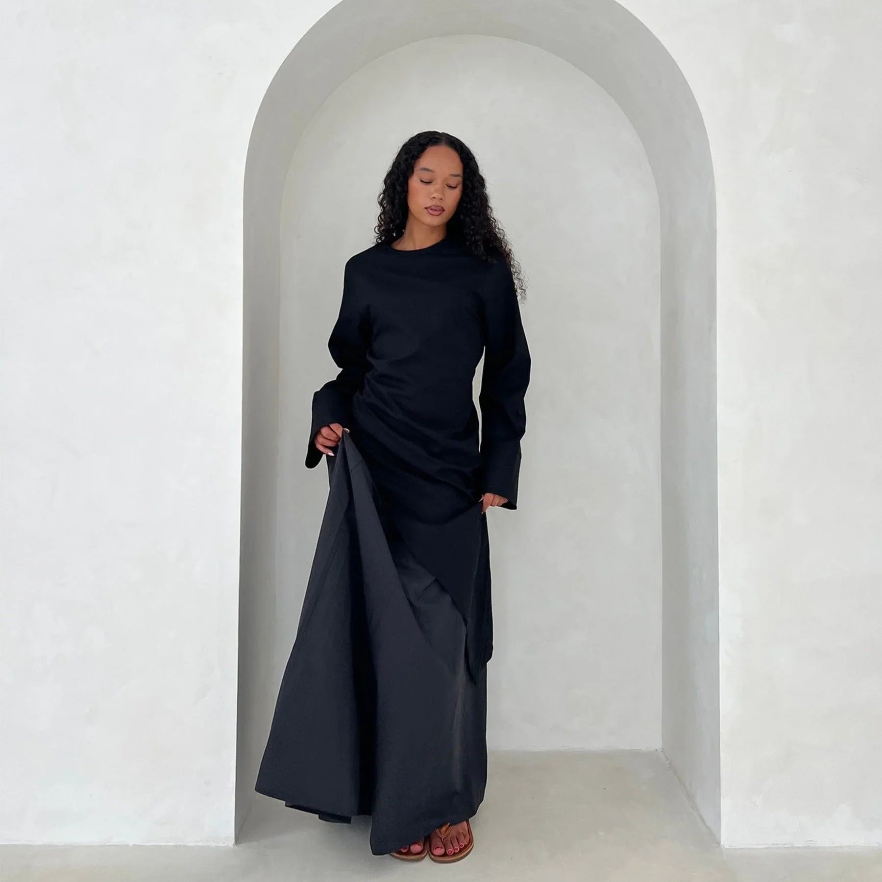 LM306 Ensemble Deux Pièces Coton Lin – Haut Asymétrique & Jupe Maxi Tenue Modeste