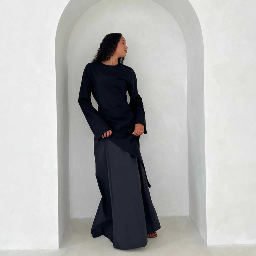LM306 Ensemble Deux Pièces Coton Lin – Haut Asymétrique & Jupe Maxi Tenue Modeste