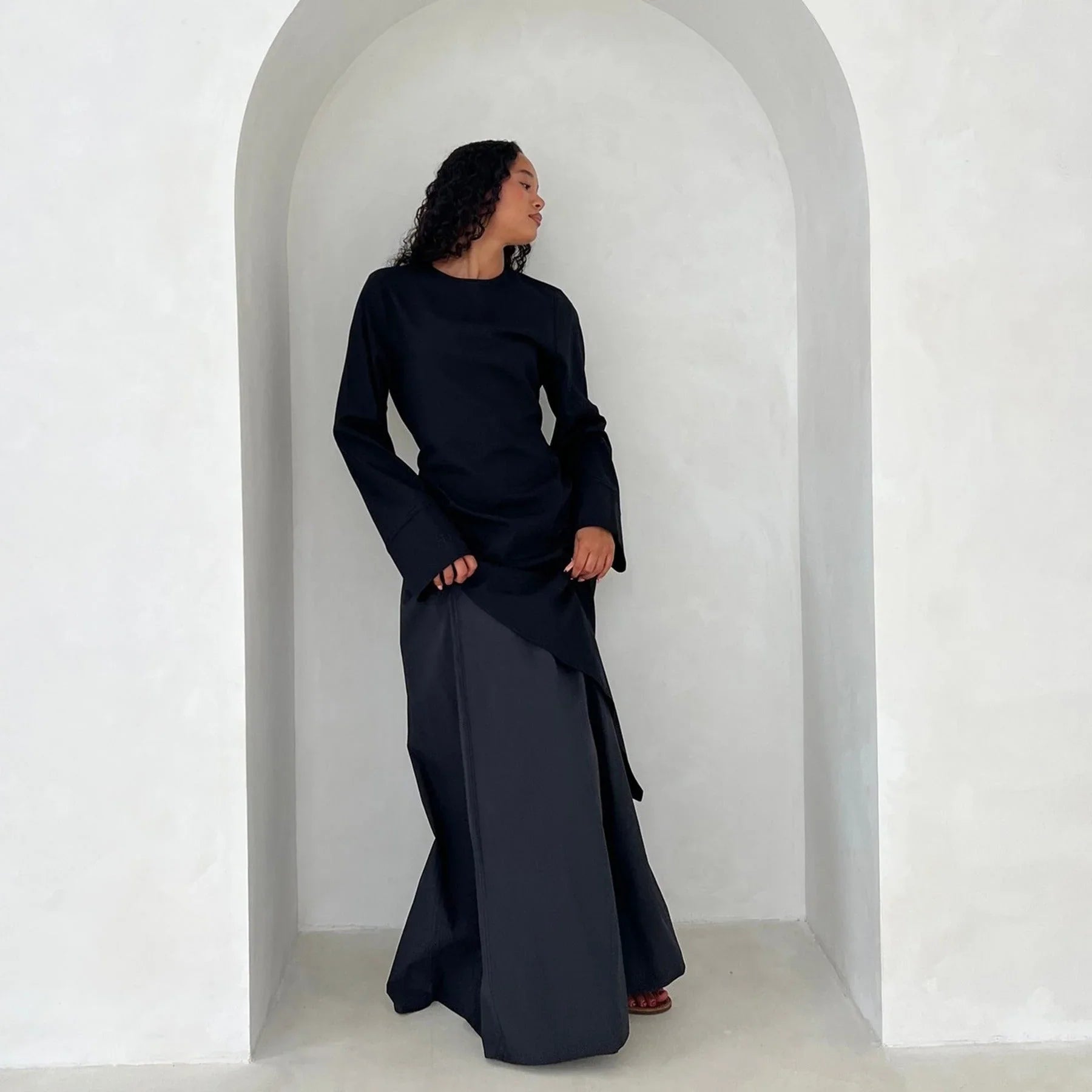 LM306 Ensemble Deux Pièces Coton Lin – Haut Asymétrique & Jupe Maxi Tenue Modeste