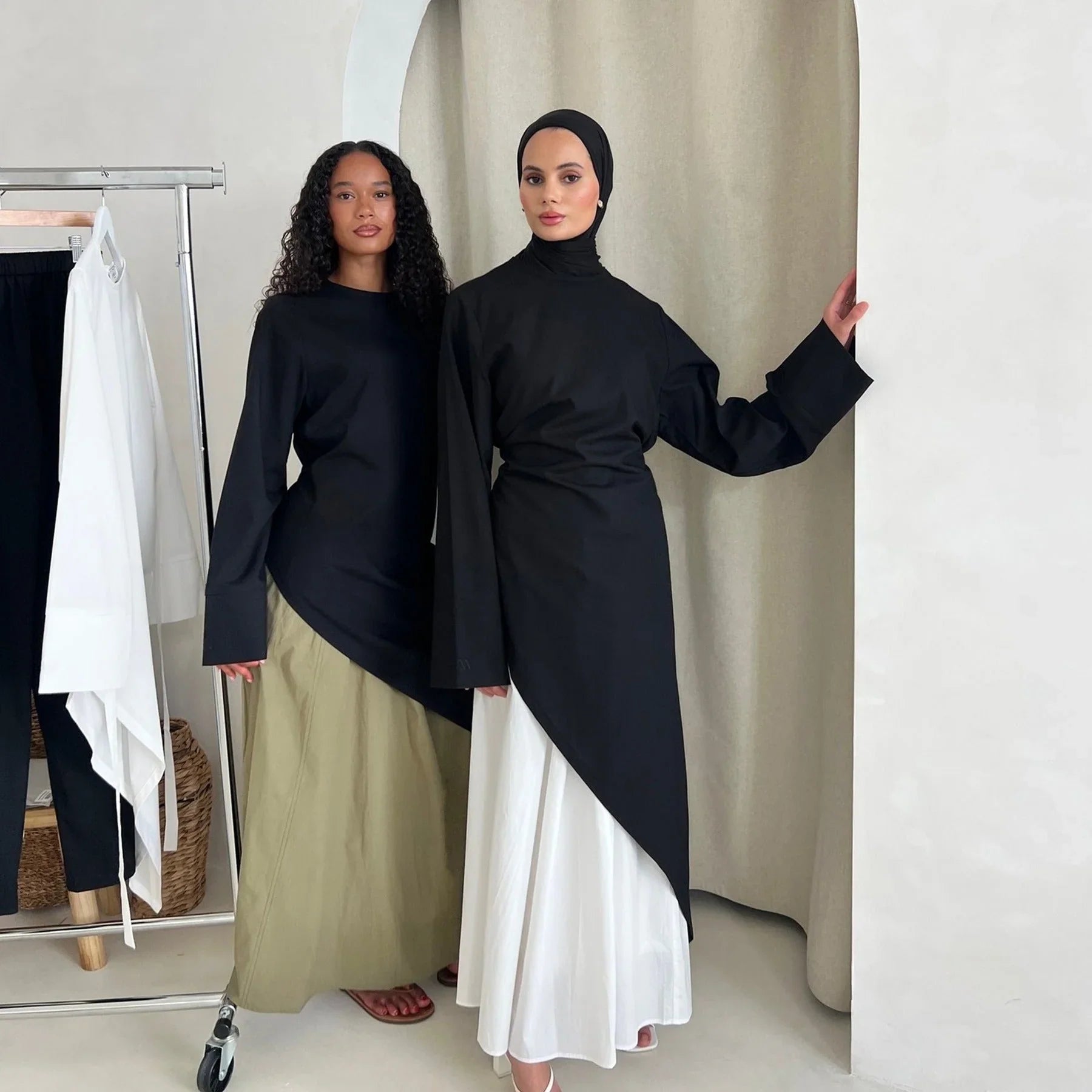 LM306 Ensemble Deux Pièces Coton Lin – Haut Asymétrique & Jupe Maxi Tenue Modeste