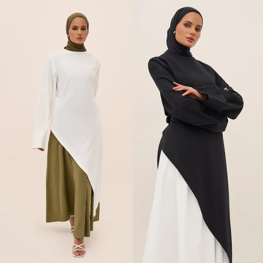 LM306 Ensemble Deux Pièces Coton Lin – Haut Asymétrique & Jupe Maxi Tenue Modeste