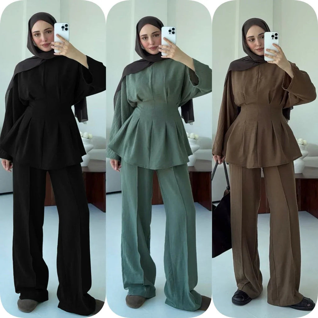 LM307 Ensemble Deux Pièces Soie Glacée – Tunique Peplum & Pantalon Large Tenue Modeste