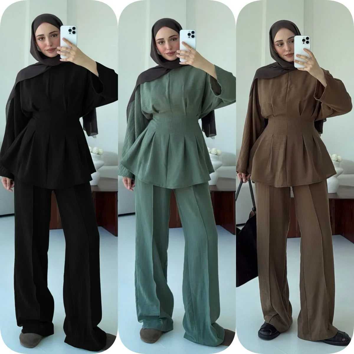LM307 Ensemble Deux Pièces Soie Glacée – Tunique Peplum & Pantalon Large Tenue Modeste