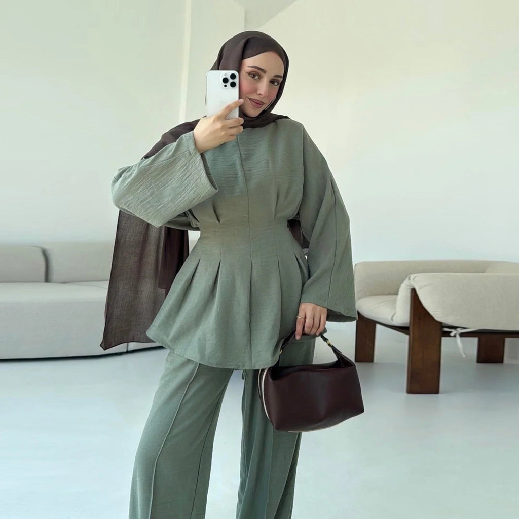LM307 Ensemble Deux Pièces Soie Glacée – Tunique Peplum & Pantalon Large Tenue Modeste