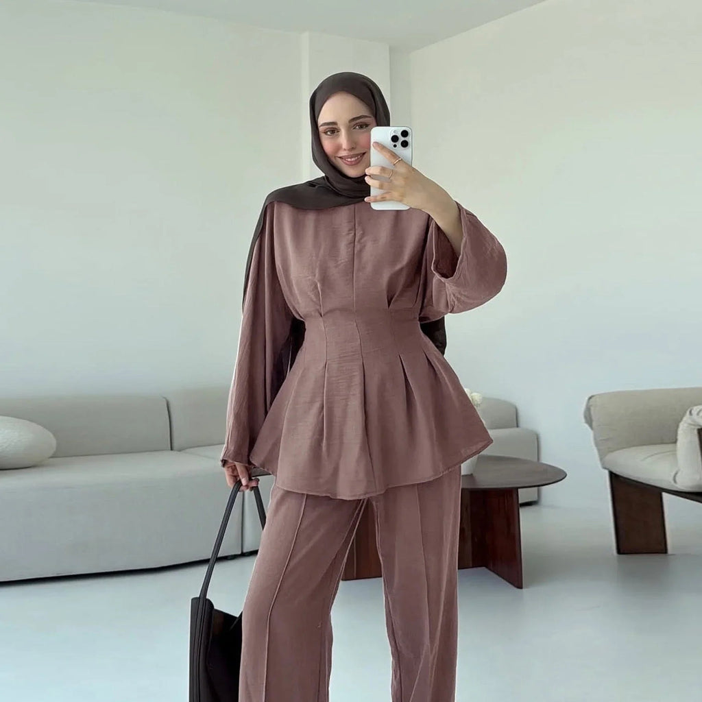 LM307 Ensemble Deux Pièces Soie Glacée – Tunique Peplum & Pantalon Large Tenue Modeste