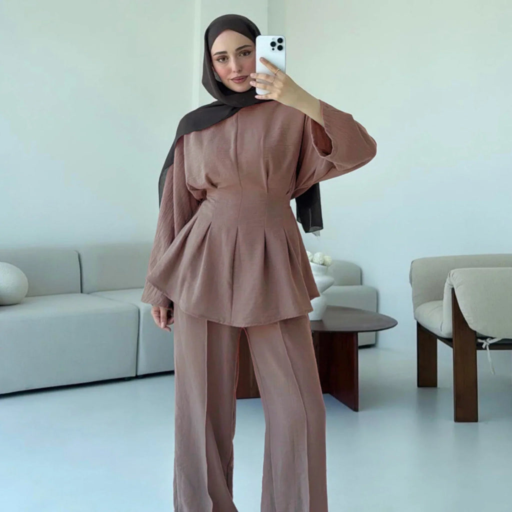 LM307 Ensemble Deux Pièces Soie Glacée – Tunique Peplum & Pantalon Large Tenue Modeste
