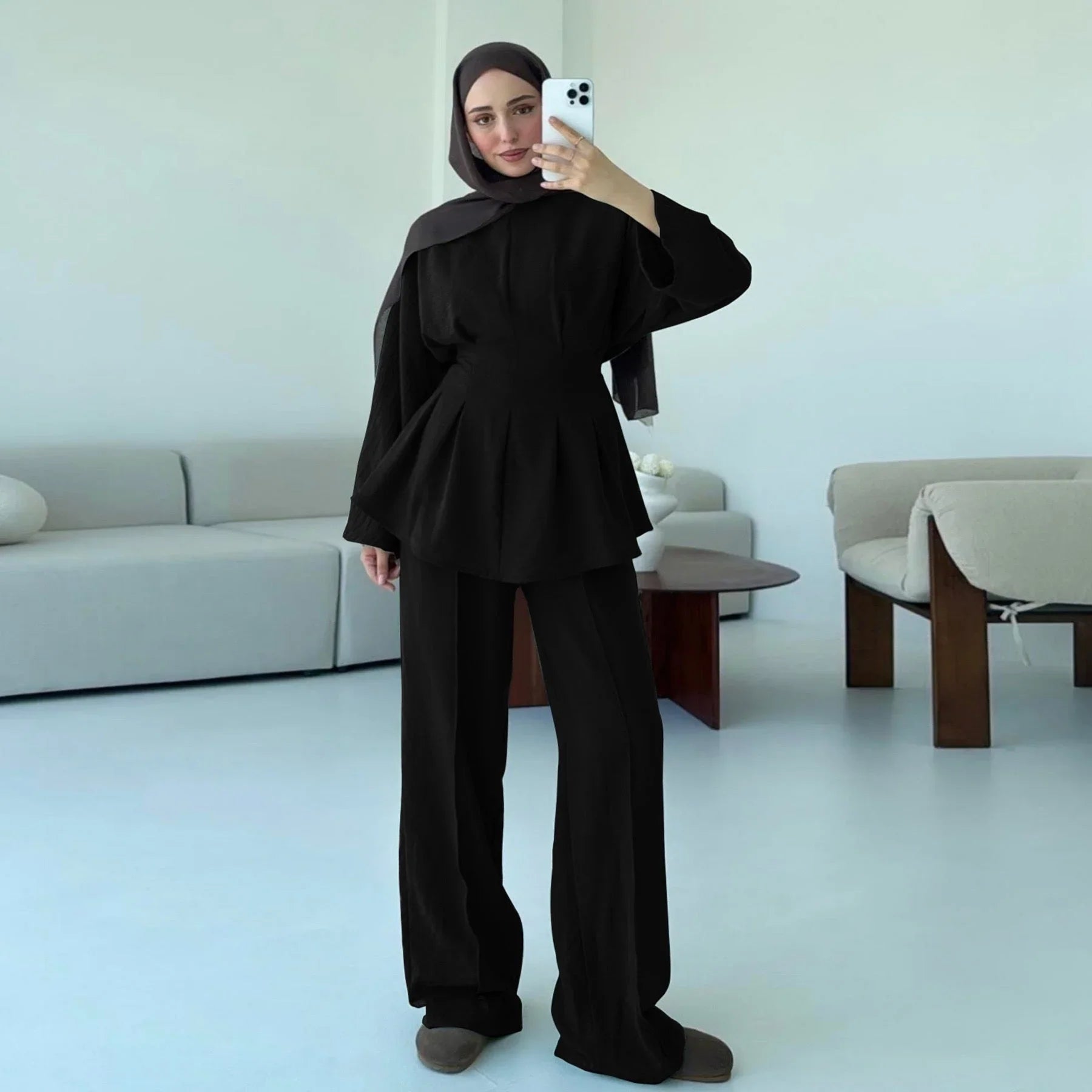 LM307 Ensemble Deux Pièces Soie Glacée – Tunique Peplum & Pantalon Large Tenue Modeste
