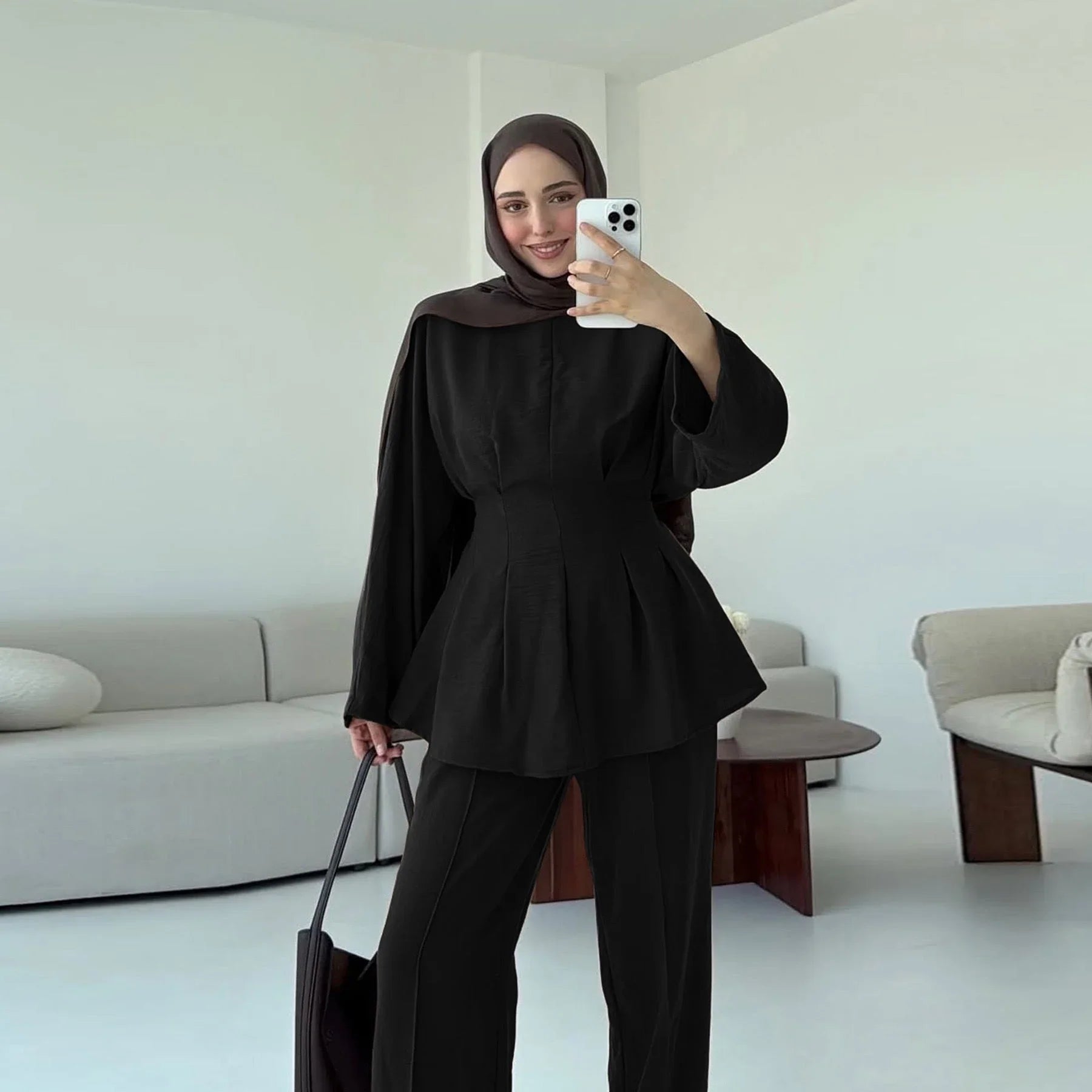 LM307 Ensemble Deux Pièces Soie Glacée – Tunique Peplum & Pantalon Large Tenue Modeste