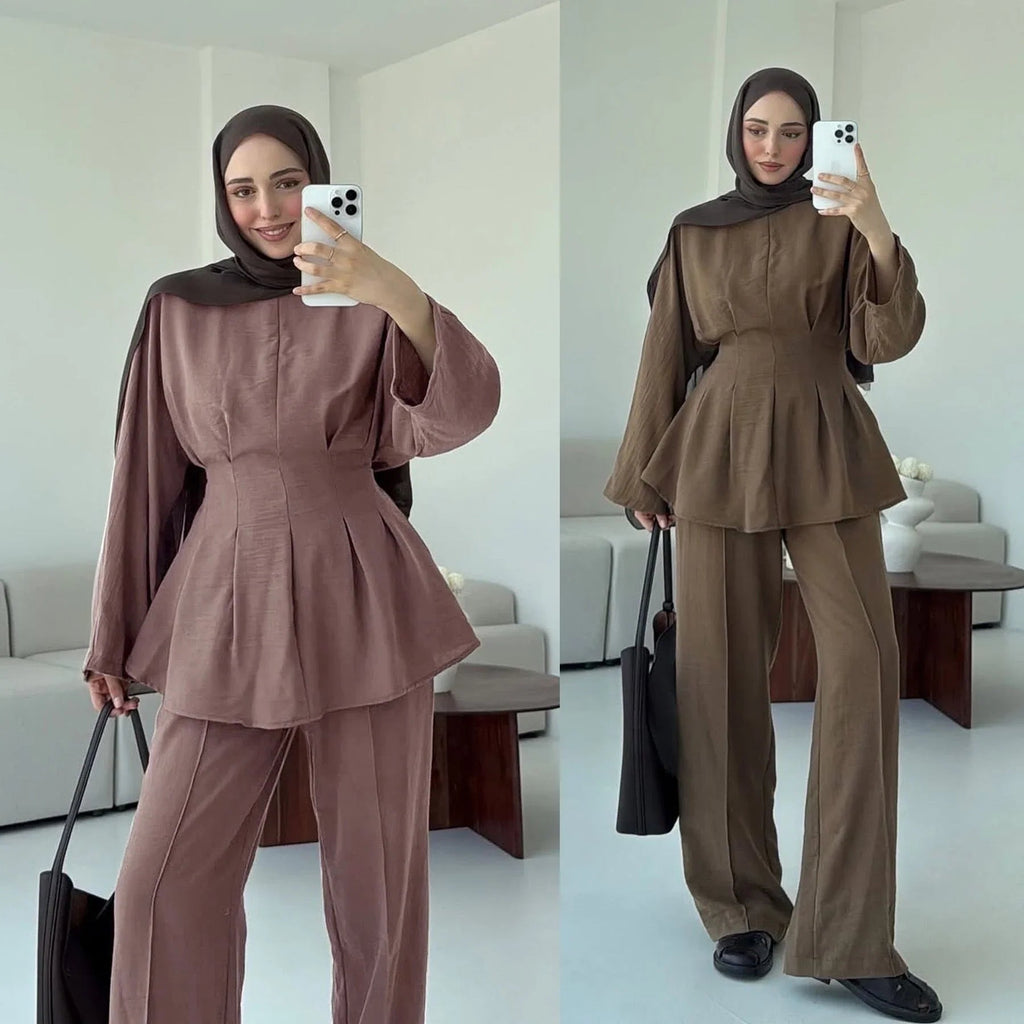 LM307 Ensemble Deux Pièces Soie Glacée – Tunique Peplum & Pantalon Large Tenue Modeste