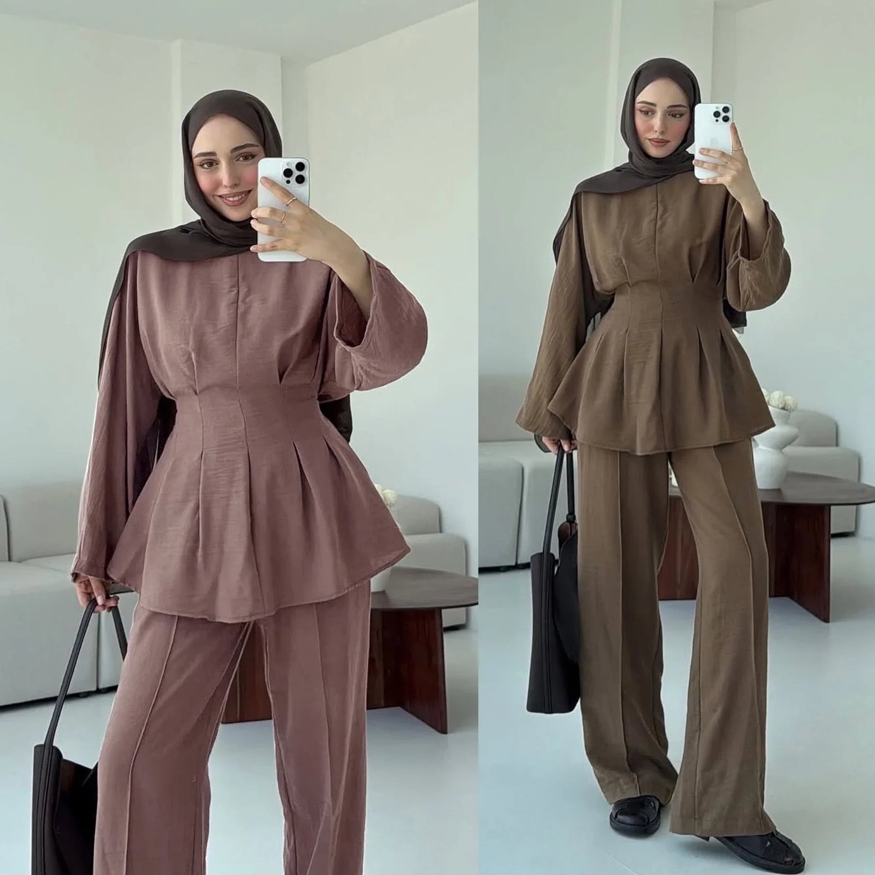 LM307 Ensemble Deux Pièces Soie Glacée – Tunique Peplum & Pantalon Large Tenue Modeste