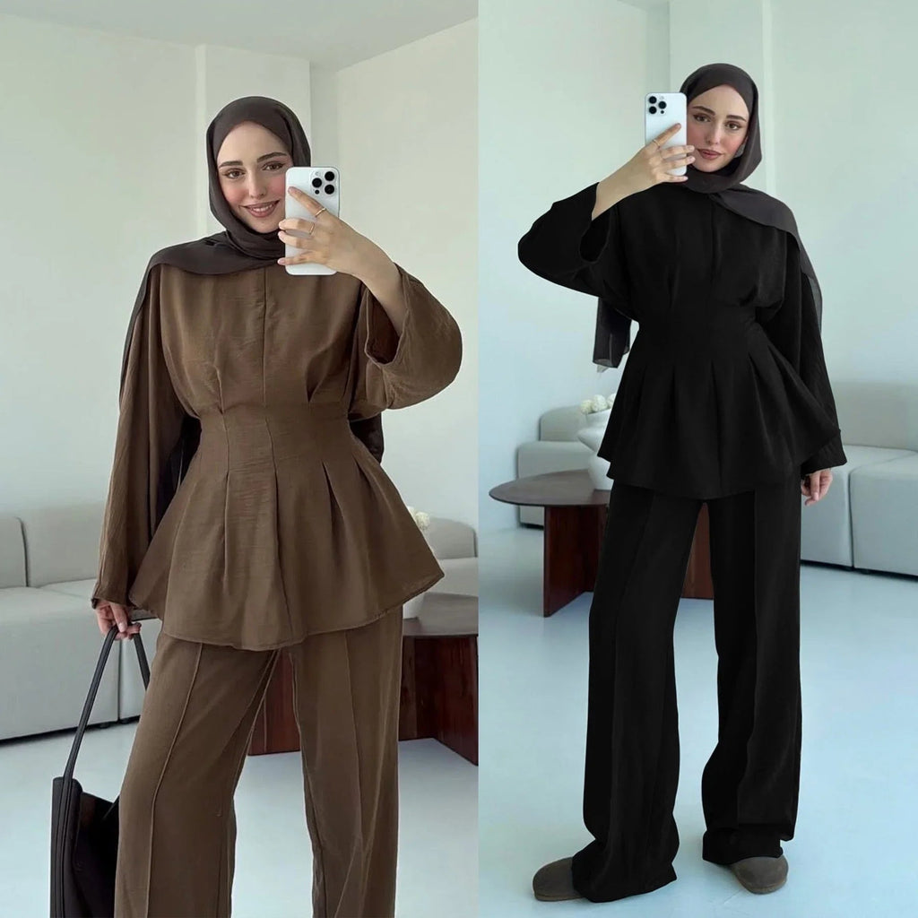 LM307 Ensemble Deux Pièces Soie Glacée – Tunique Peplum & Pantalon Large Tenue Modeste