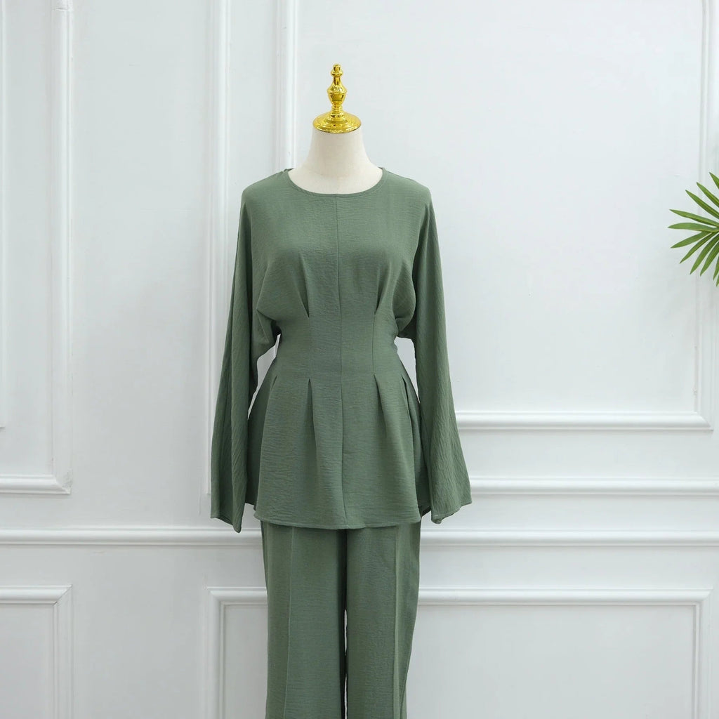 LM307 Ensemble Deux Pièces Soie Glacée – Tunique Peplum & Pantalon Large Tenue Modeste