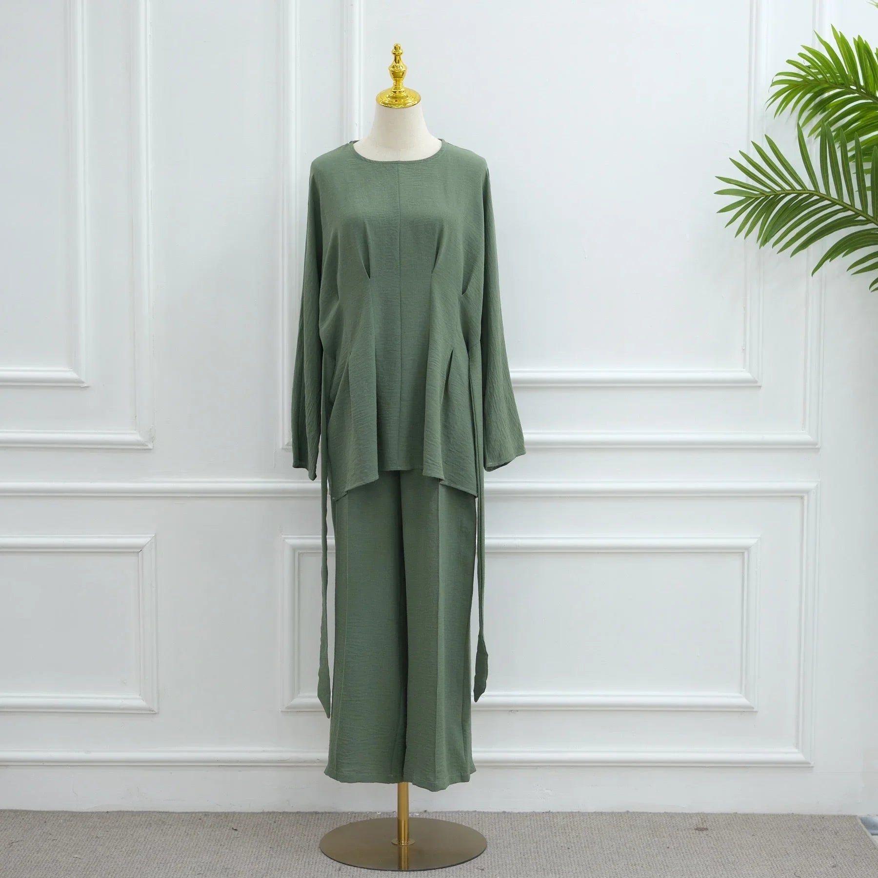 LM307 Ensemble Deux Pièces Soie Glacée – Tunique Peplum & Pantalon Large Tenue Modeste