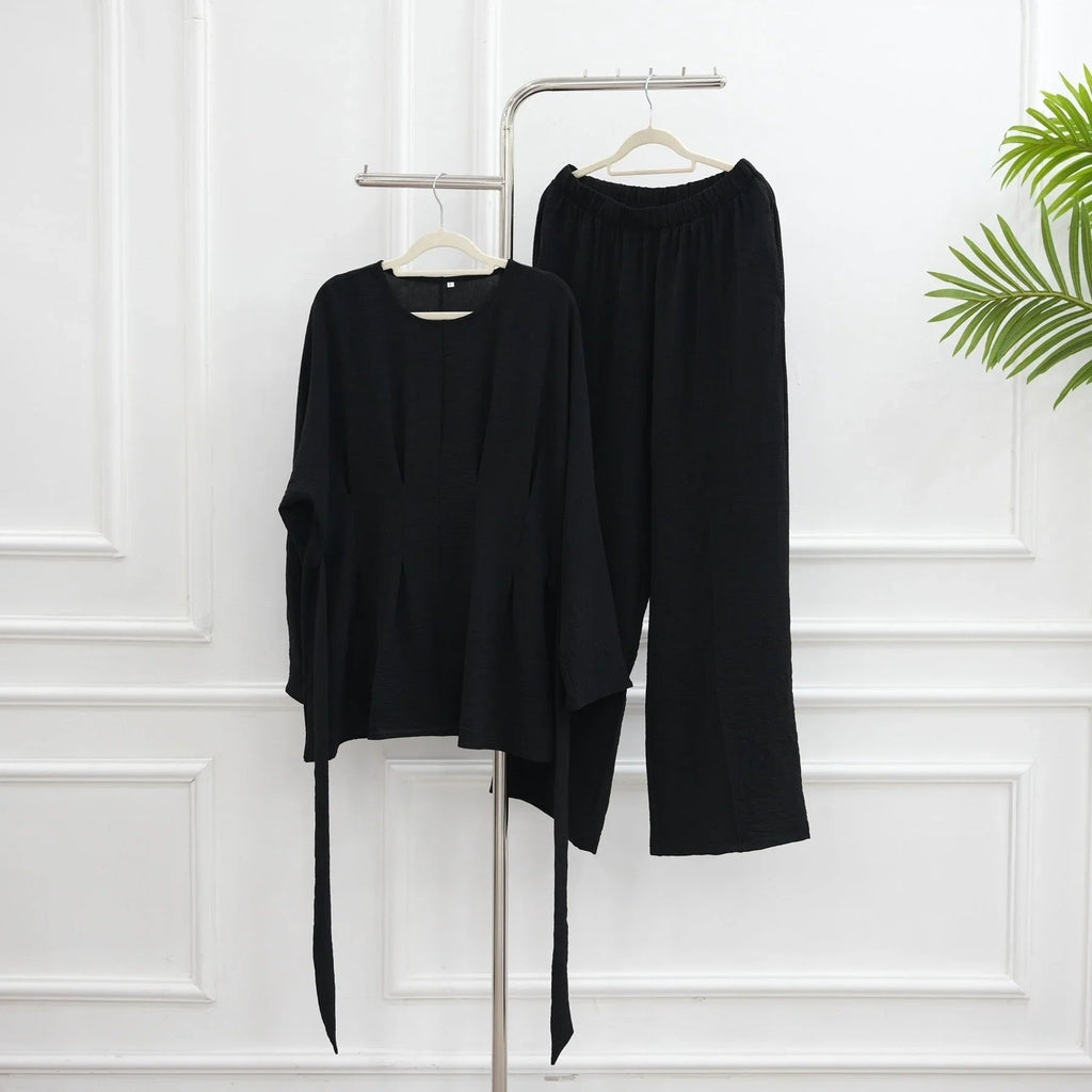 LM307 Ensemble Deux Pièces Soie Glacée – Tunique Peplum & Pantalon Large Tenue Modeste