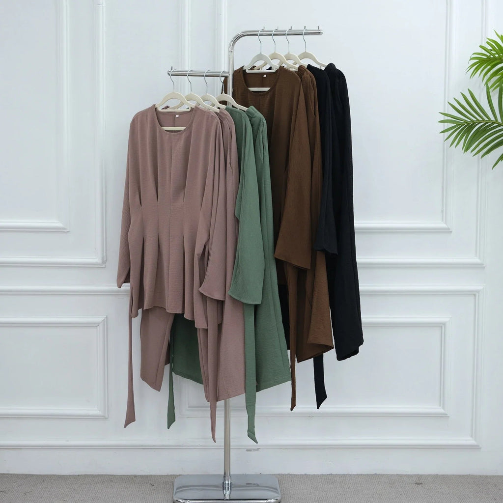 LM307 Ensemble Deux Pièces Soie Glacée – Tunique Peplum & Pantalon Large Tenue Modeste