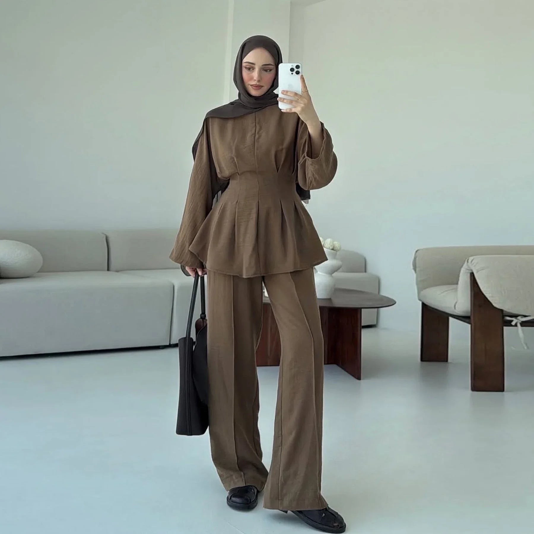 LM307 Ensemble Deux Pièces Soie Glacée – Tunique Peplum & Pantalon Large Tenue Modeste