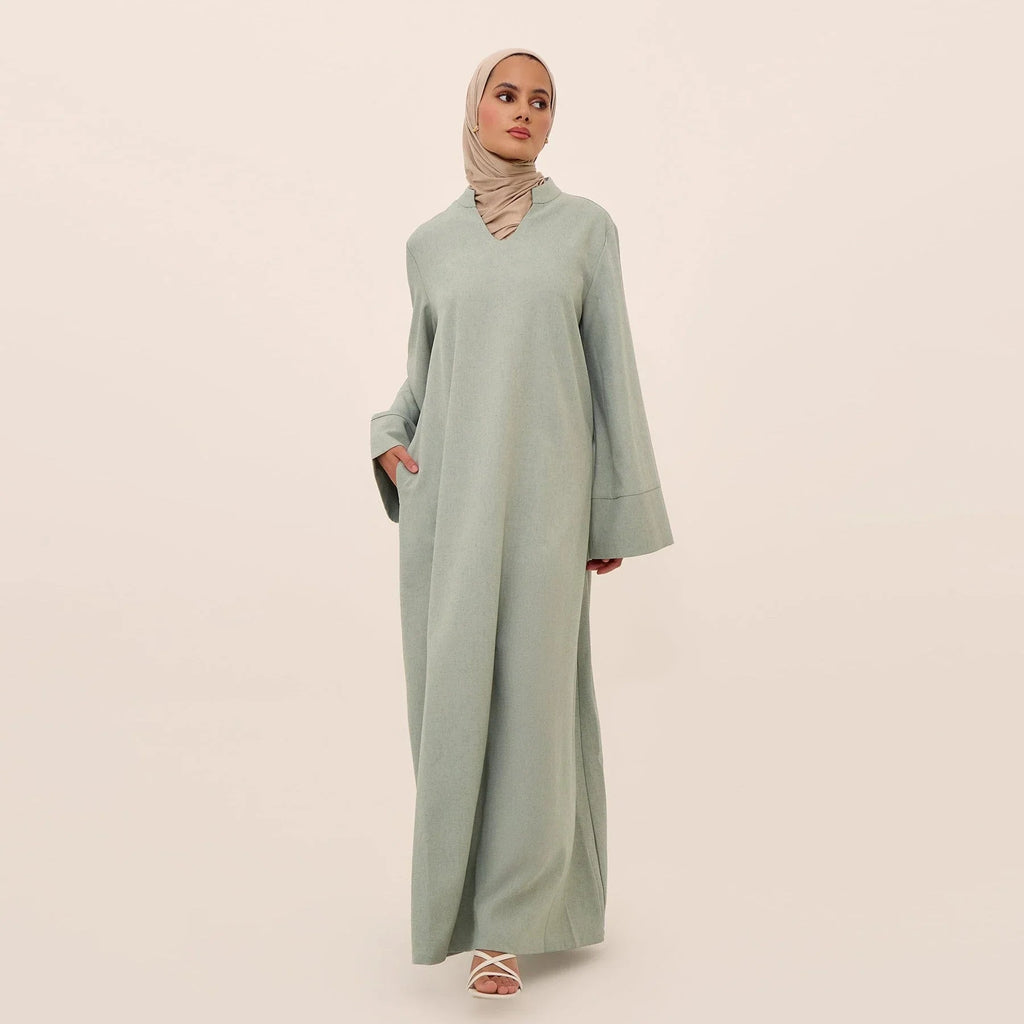 LM308 Robe Abaya avec Poches – Maxi Manches Longues avec Larges Revers