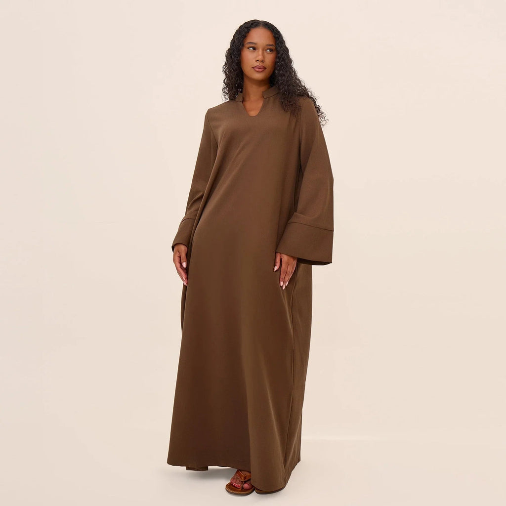 LM308 Robe Abaya avec Poches – Maxi Manches Longues avec Larges Revers
