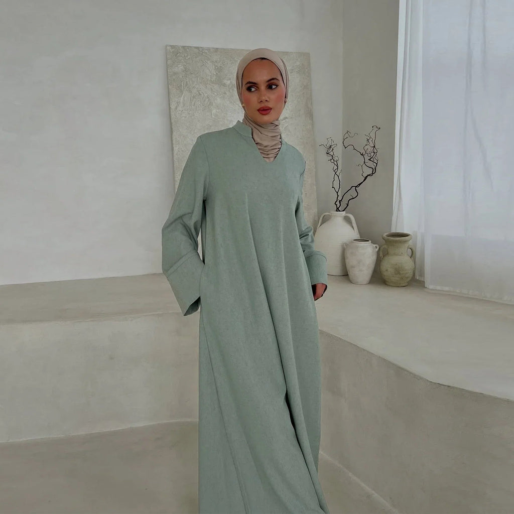 LM308 Robe Abaya avec Poches – Maxi Manches Longues avec Larges Revers