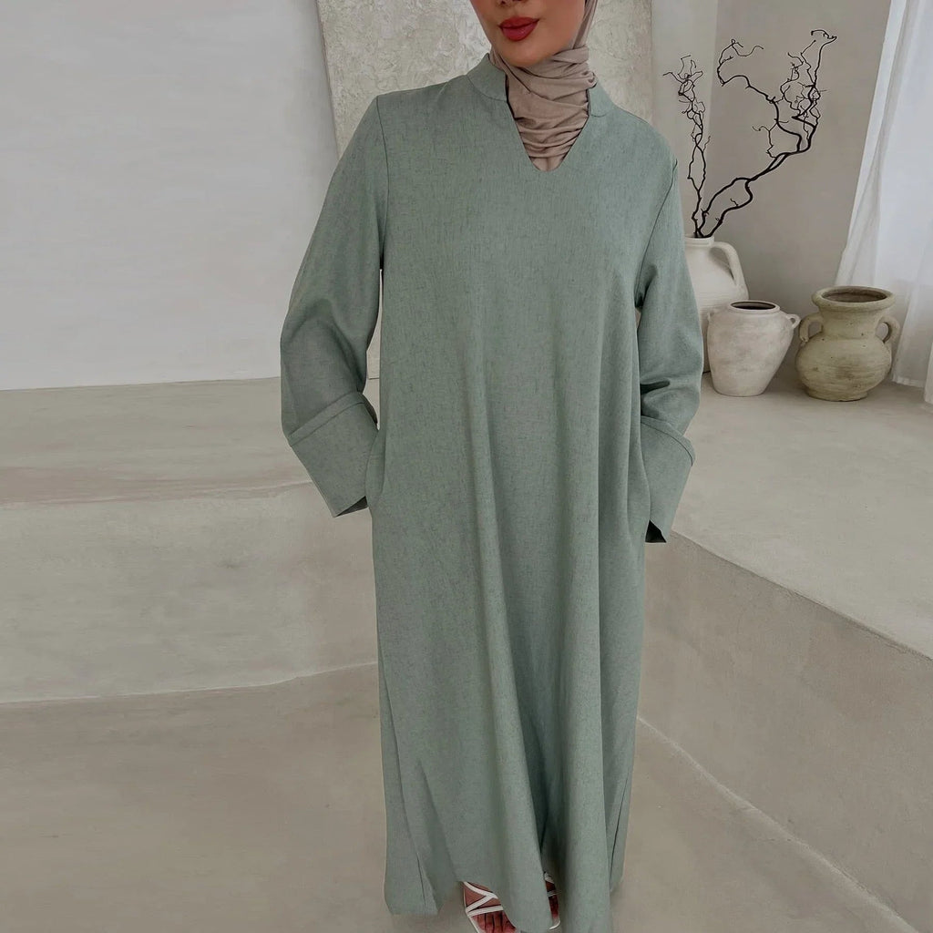 LM308 Robe Abaya avec Poches – Maxi Manches Longues avec Larges Revers