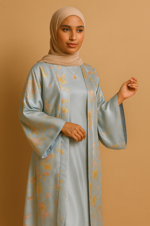 MH98 Abaya Kimono Rose Sakura – Abaya de l'Aïd Brodée avec Détails Dorés (Expédition immédiate)