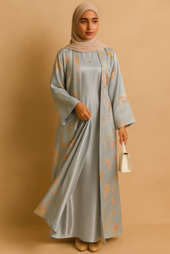 MH98 Abaya Kimono Rose Sakura – Abaya de l'Aïd Brodée avec Détails Dorés (Expédition immédiate)