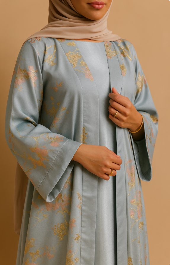 MH98 Abaya Kimono Rose Sakura – Abaya de l'Aïd Brodée avec Détails Dorés (Expédition immédiate)